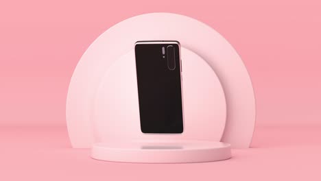 4k resolution video: modern mockup mobile phone with blank screen for your design rotating over pink cylinders products stage pedestal on a pink background loop animation