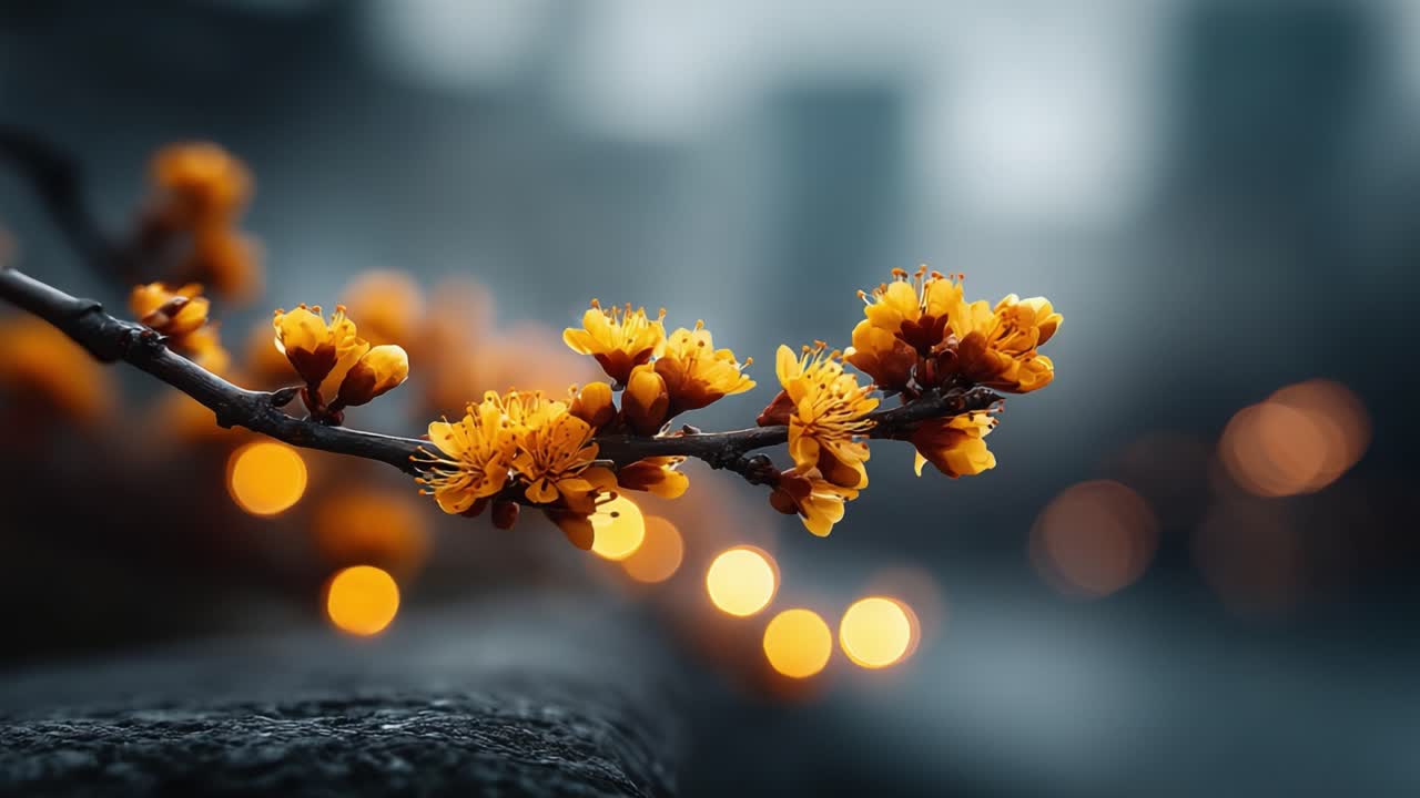 A Captivating Display of Blossoming Yellow Flowers with Glimmering Bokeh Background in a Softly Lit Urban Environment