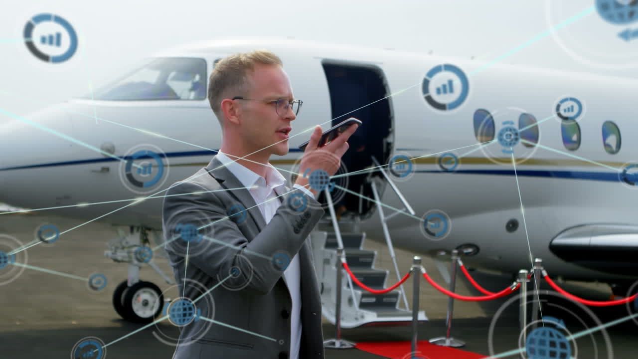 공항에서 스마트폰으로 이야기하는 백인 사업가에 대한 디지털 아이콘 네트워크의 애니메이션