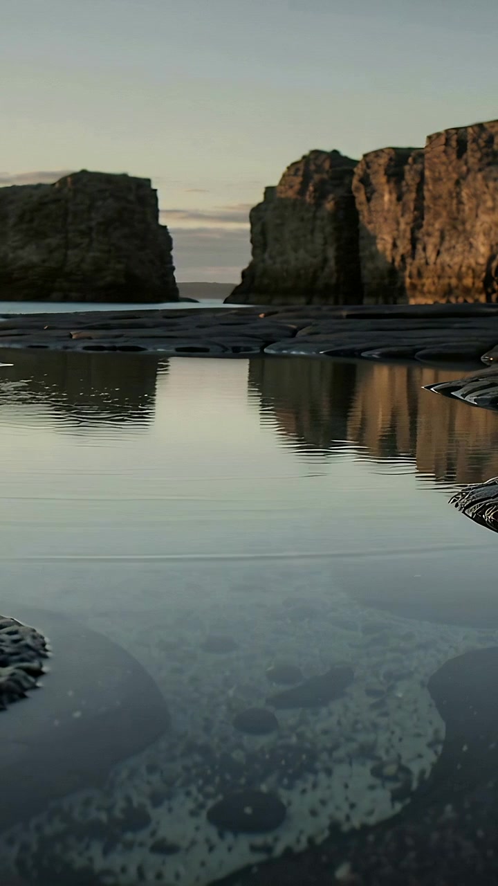Vertical video: Panning front reflective pool and rock, camera moving forward showing sunlit cliffs