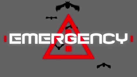 animation of warning text emergency, over hazard triangle and bats, on grey