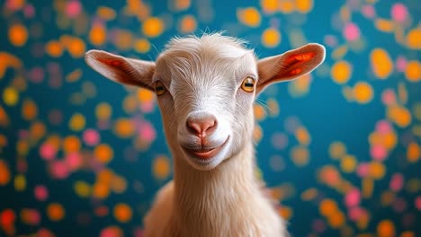 goat smiling on bright backdrop. a playful goat with a cute expression stands out against a vivid, colorful backdrop filled with bright dots.