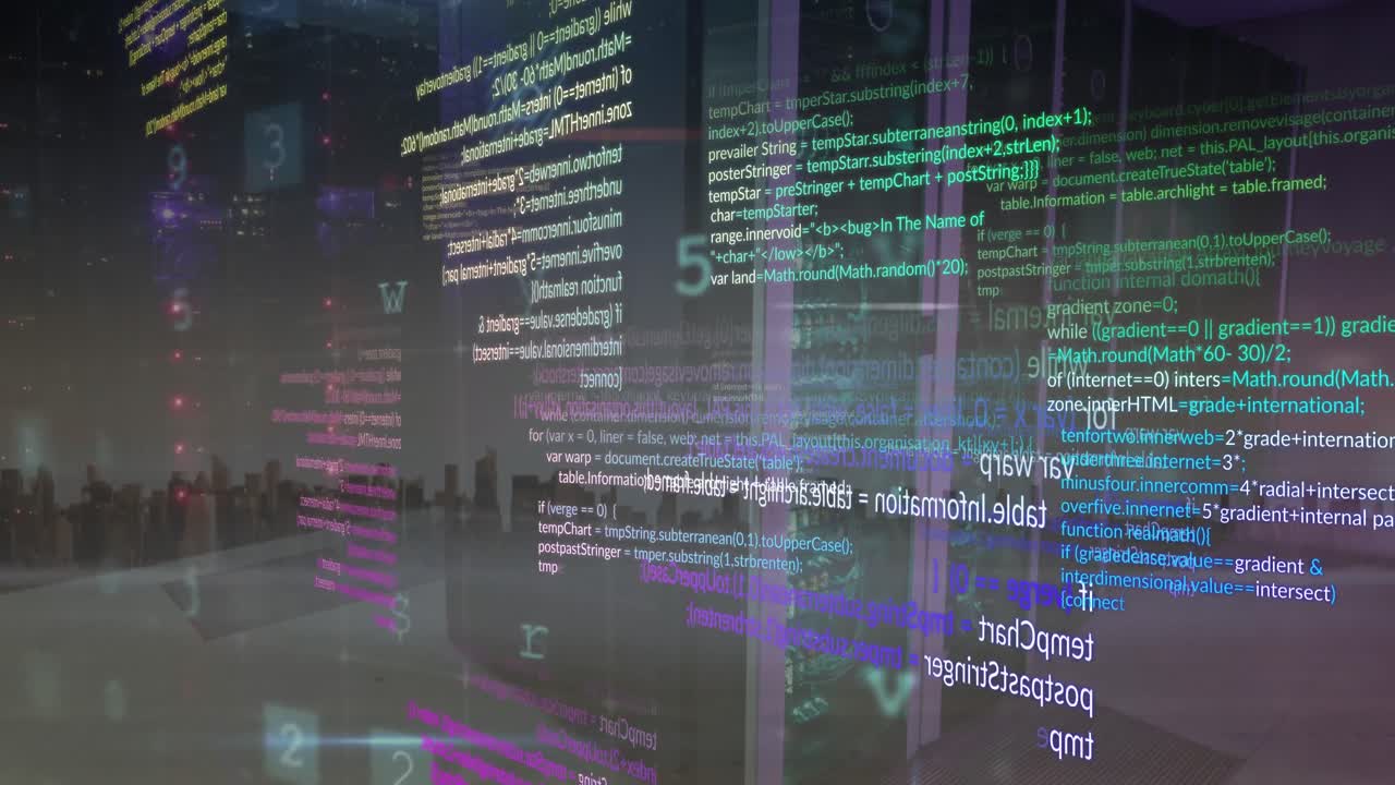 Animation of cyber security data processing over computer server room against view of cityscape