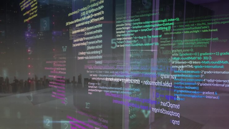 Animation of cyber security data processing over computer server room against view of cityscape