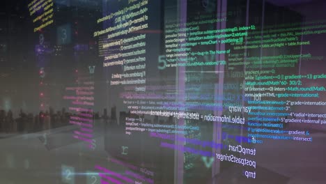 animación del procesamiento de datos de seguridad cibernética en la sala de servidores de computadoras frente a la vista del paisaje urbano.
