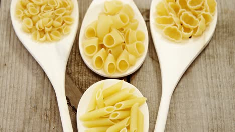 Various-pasta-in-spoons-on-wooden-background