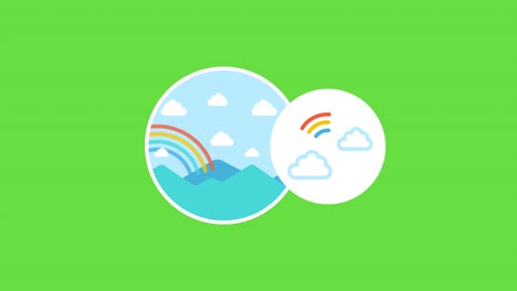 4k video of cartoon rainbow icons on green.