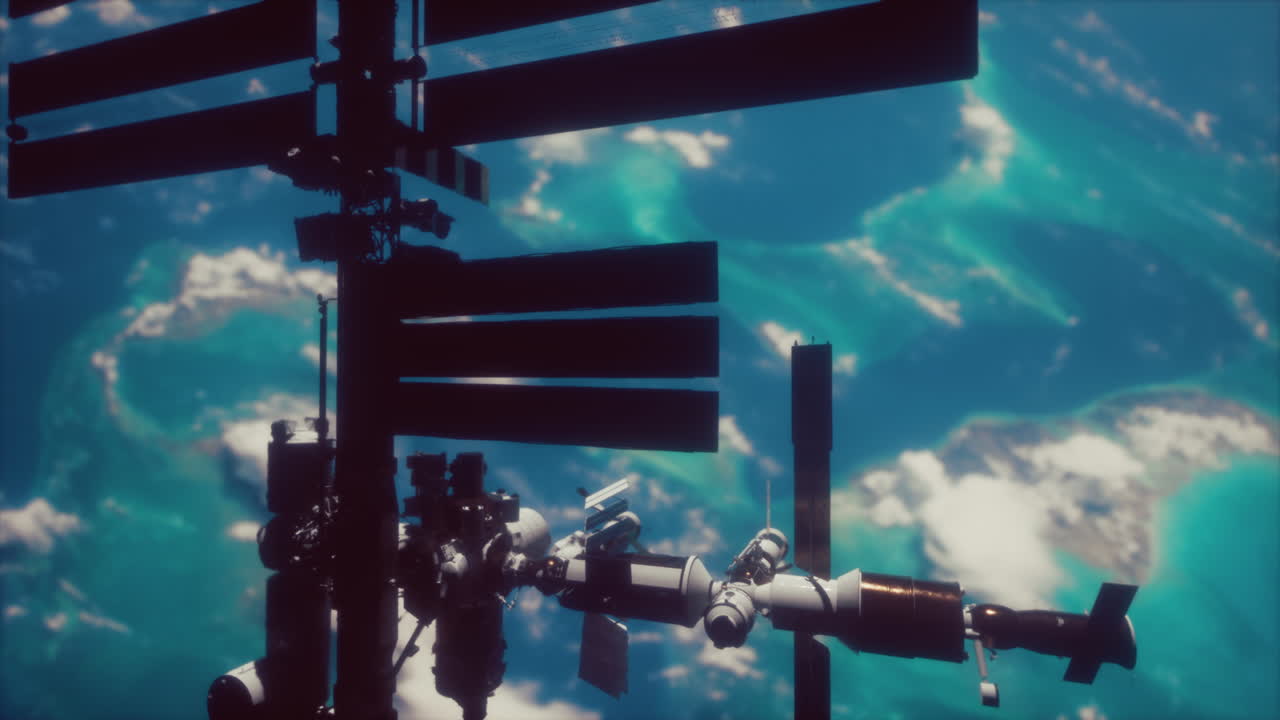 국제 우주 정거장은 우주 공간에서 태양 전지판을 회전시 ⁇ 니다.