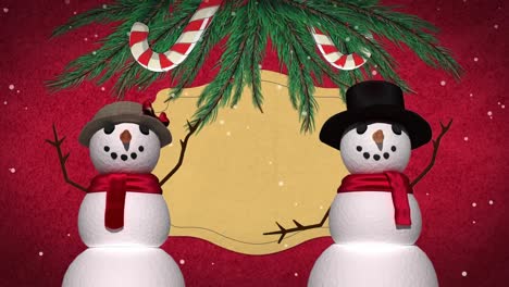 animation of christmas tag with copy space, decorations and snow falling on red background