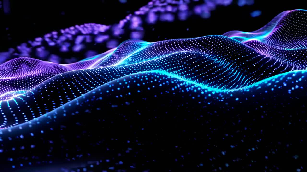 The video showcases a futuristic digital landscape with flowing waves of light and dots