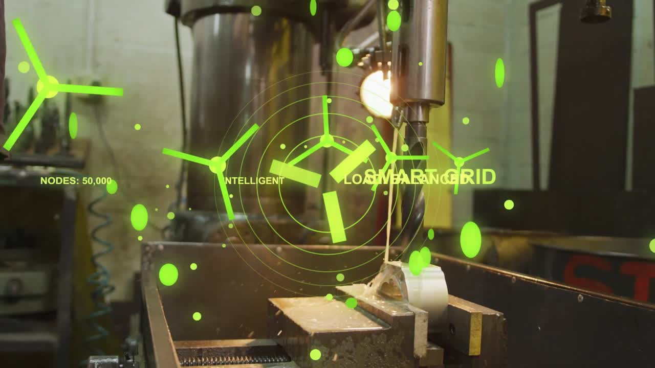 Operator running drill press for machining part, coolant flowing, green HUD overlaying drill