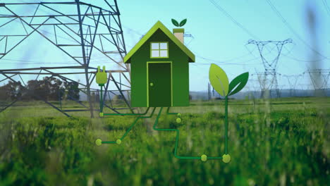 animation of green house ands plants over electricity pylons in landscape