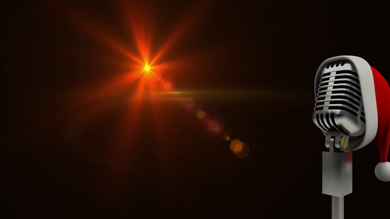 animación de luz y micrófono vintage en sombrero de santa sobre fondo rojo