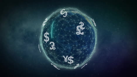 Animation-of-globe-of-connections-with-currency-symbols-over-spots-on-black-background