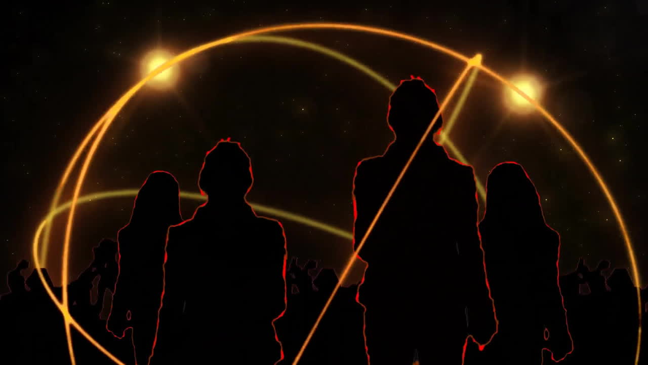 카운트다운의 애니메이션과 사람들이 밝은 배경의 반점 위에 춤을 추고 있습니다.