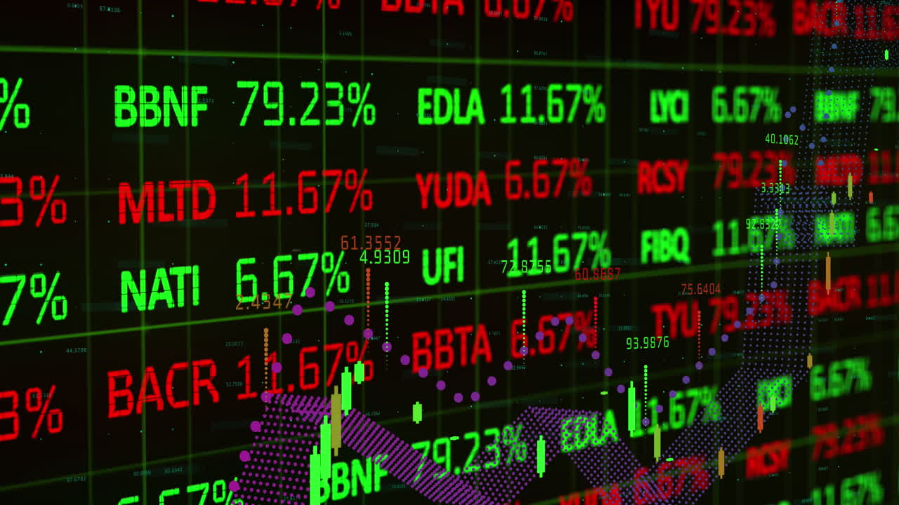 Animazione di elaborazione dati e mercato azionario su sfondo nero.