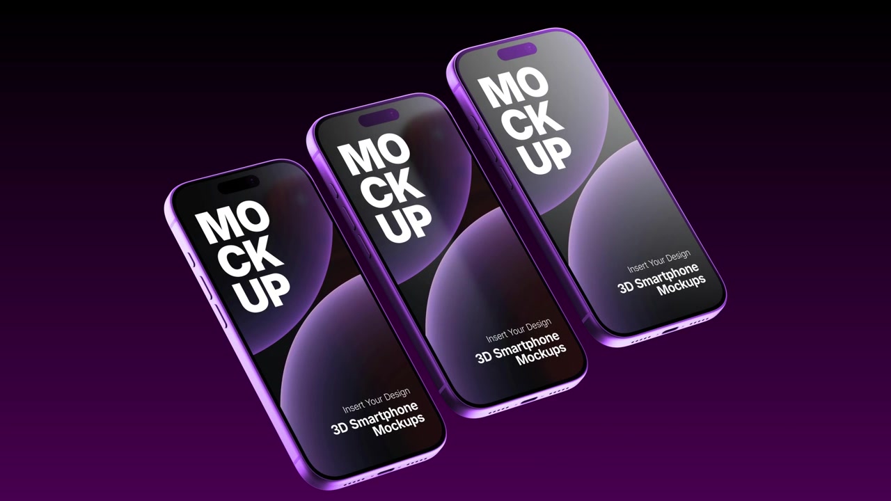 Mockup 3D di smartphone rotanti per la presentazione del prodotto su sfondo viola
