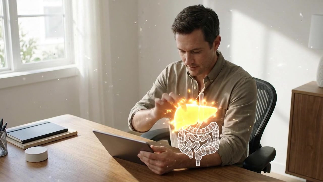 Uomo seduto che usa un tablet con una sovrapposizione di stomaco luminoso visibile attraverso il busto