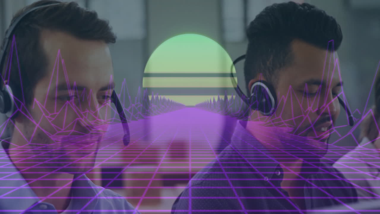 Wearing headsets, customer service representatives working in retro-futuristic office setting