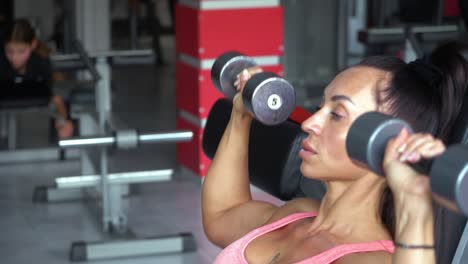 sexy female bodybuilder lifting dumbbells pumping arm muscles. a female bodybuilder of american appearance in a modern gym