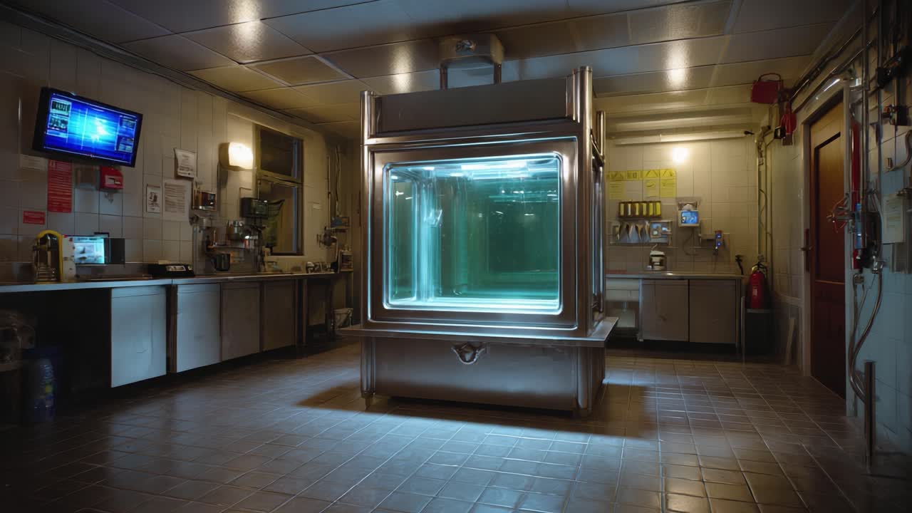 A Dimly Lit Laboratory Featuring a Large, Illuminated Aquarium Tank Surrounded by Modern Equipment and Appliances in an Industrial-Style Environment