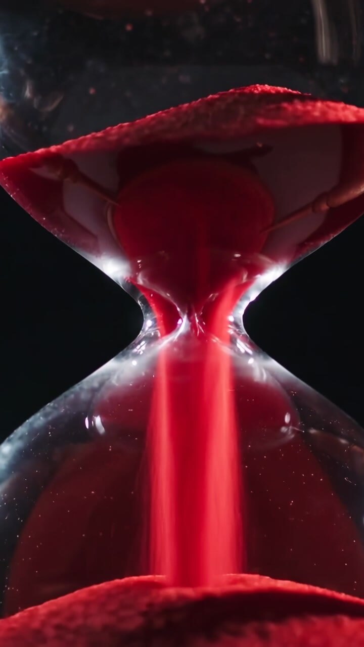 Vertical video: Pouring hourglass with gravity pulling bright red sand in studio, hand hovering rim