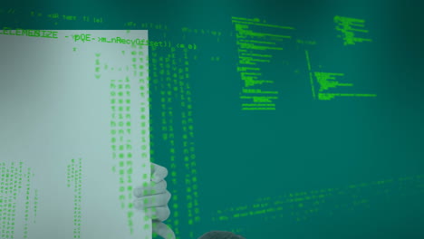 Animation of data processing over hand with blank card