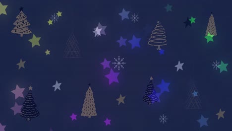 Animación-De-Estrellas-Y-Patrón-De-árbol-De-Navidad-Sobre-Fondo-Oscuro
