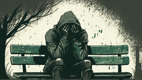 animation of a man sitting on park bench and covering his face with hands