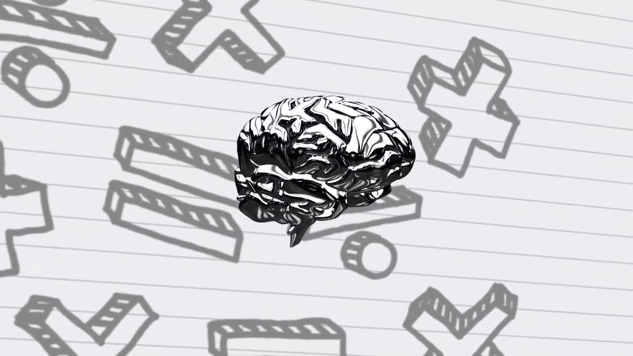 ⁇  줄로 된 종이 에 있는 수학적 기호 들 에 대항 하여 회전 하는 뇌