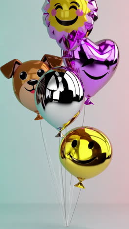 a vibrant assortment of metallic party balloons in various shapes, including hearts, a sun, a dog, and several with smiley faces