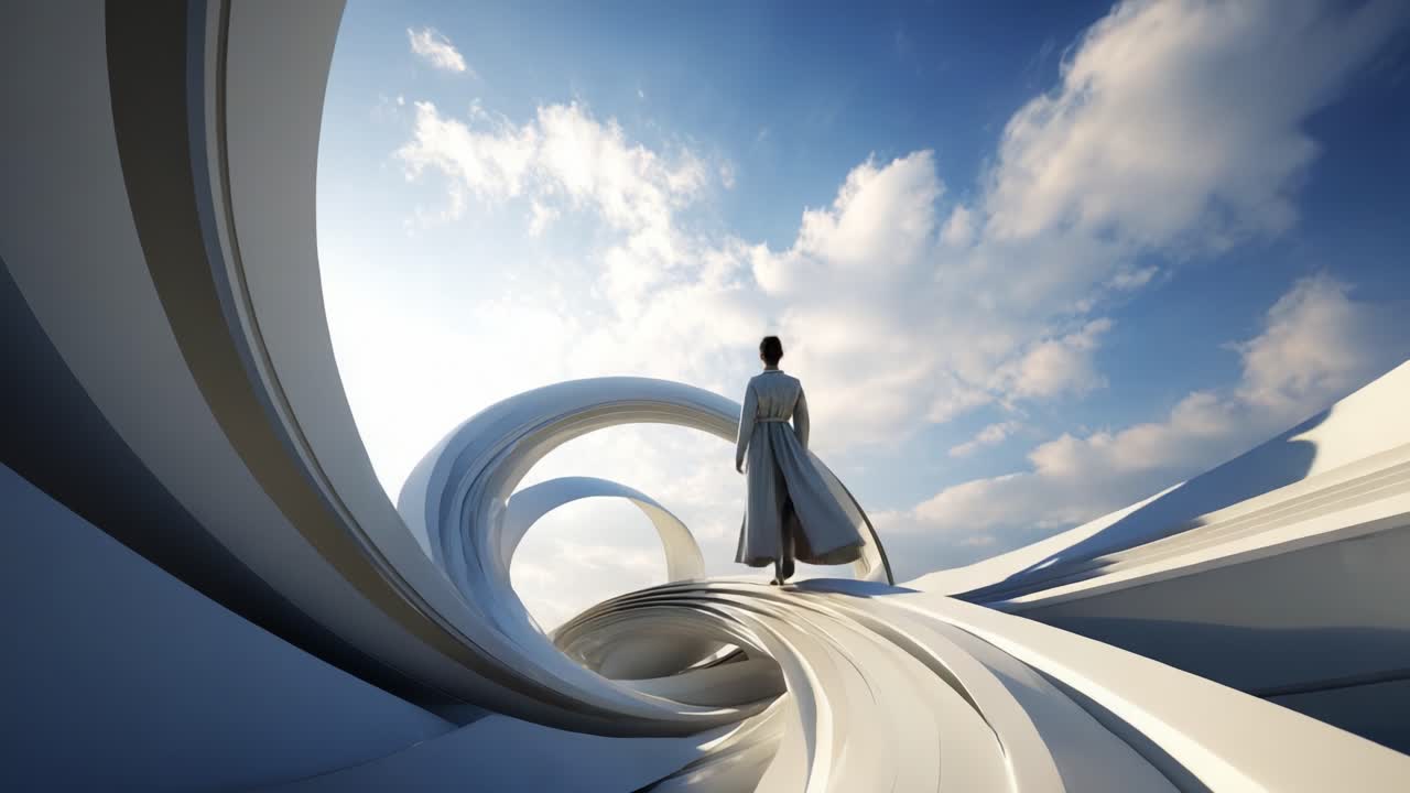 A Serene Journey Through Ethereal Waves: A Figure in a Flowing Garment Stands Amidst Graceful Curves, Contemplating an Infinite Horizon Beneath a Bright Sky