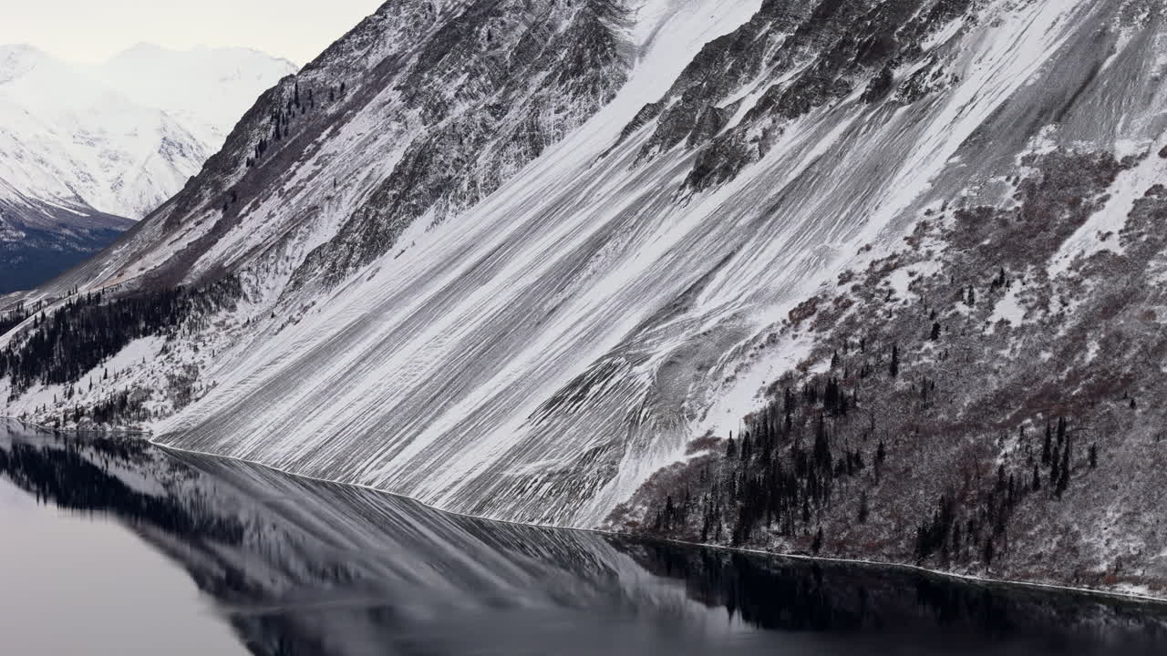 Mirror Reflections Of Snow Mountains Of Kathleen Lake In Yukon, Canada. Aerial Shot