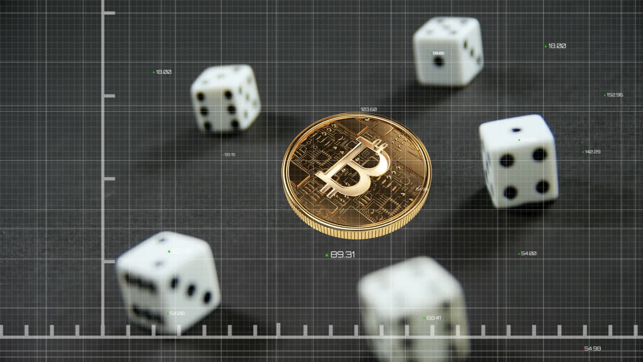 gráfico rojo en movimiento y bitcoin dorado contra los dados en fondo gris.