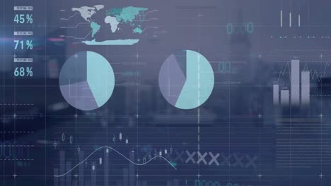 Animation-Der-Infografik-Schnittstelle-Und-Des-Gittermusters-über-Dem-Modernen-Stadtbild-Vor-Dem-Himmel