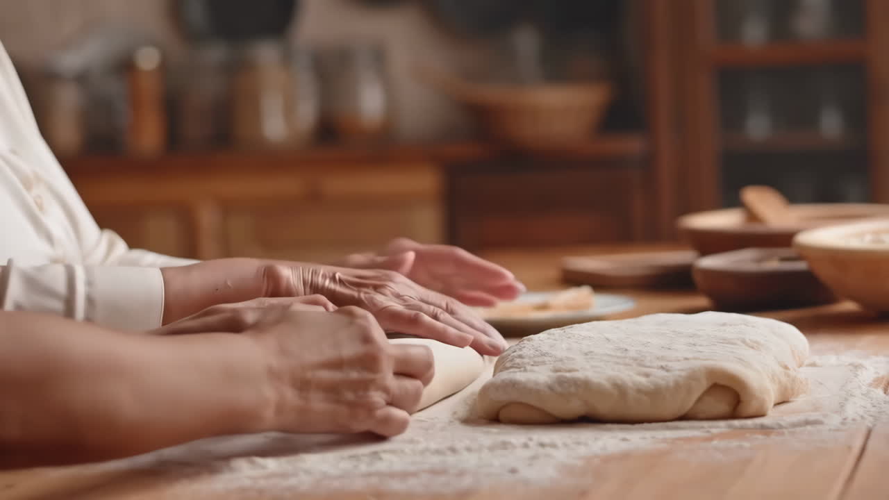 Hands kneading and rolling dough