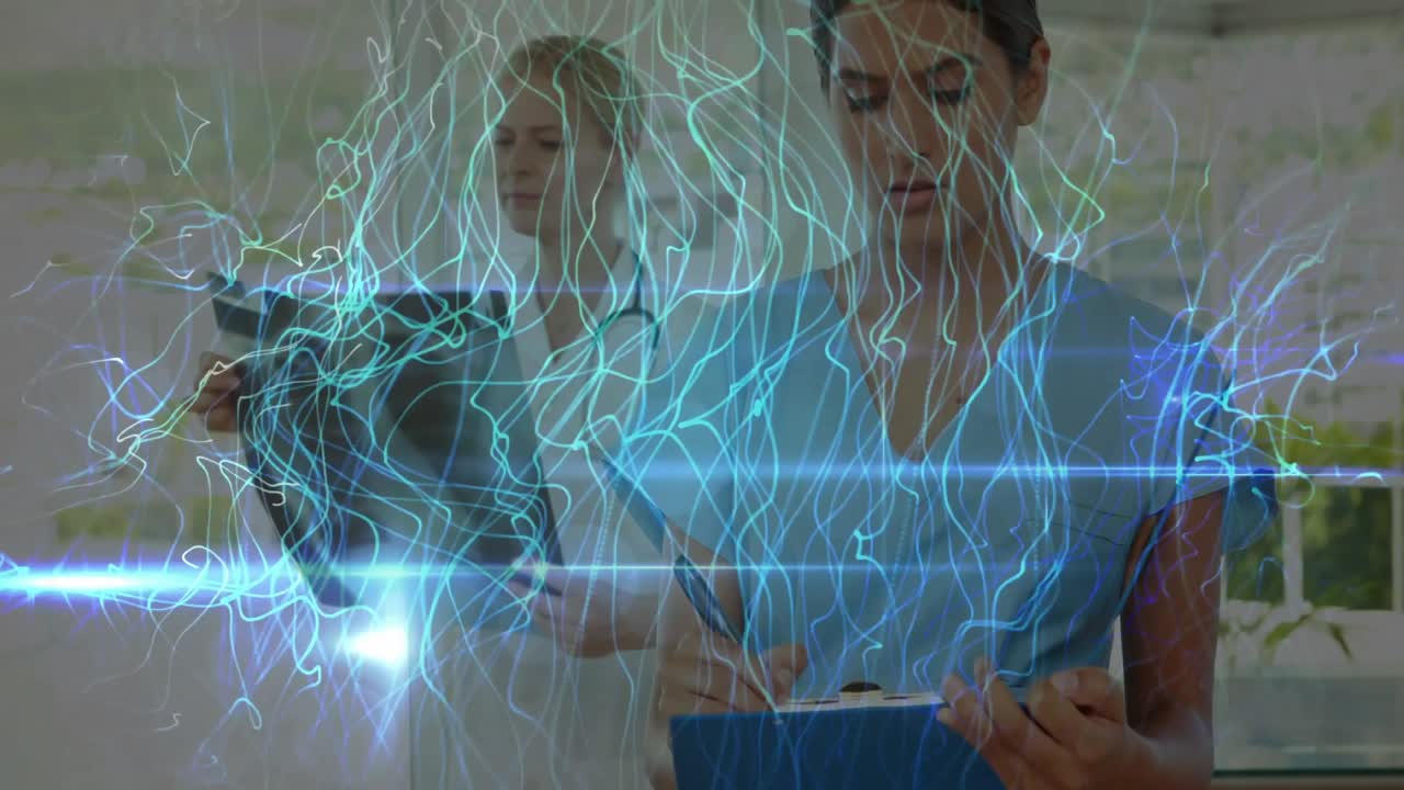 nurse tapping clipboard and doctor scrolling tablet analyzing holographic overlay sweeping window