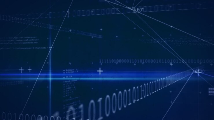 Animation of data processing and binary coding over dark background