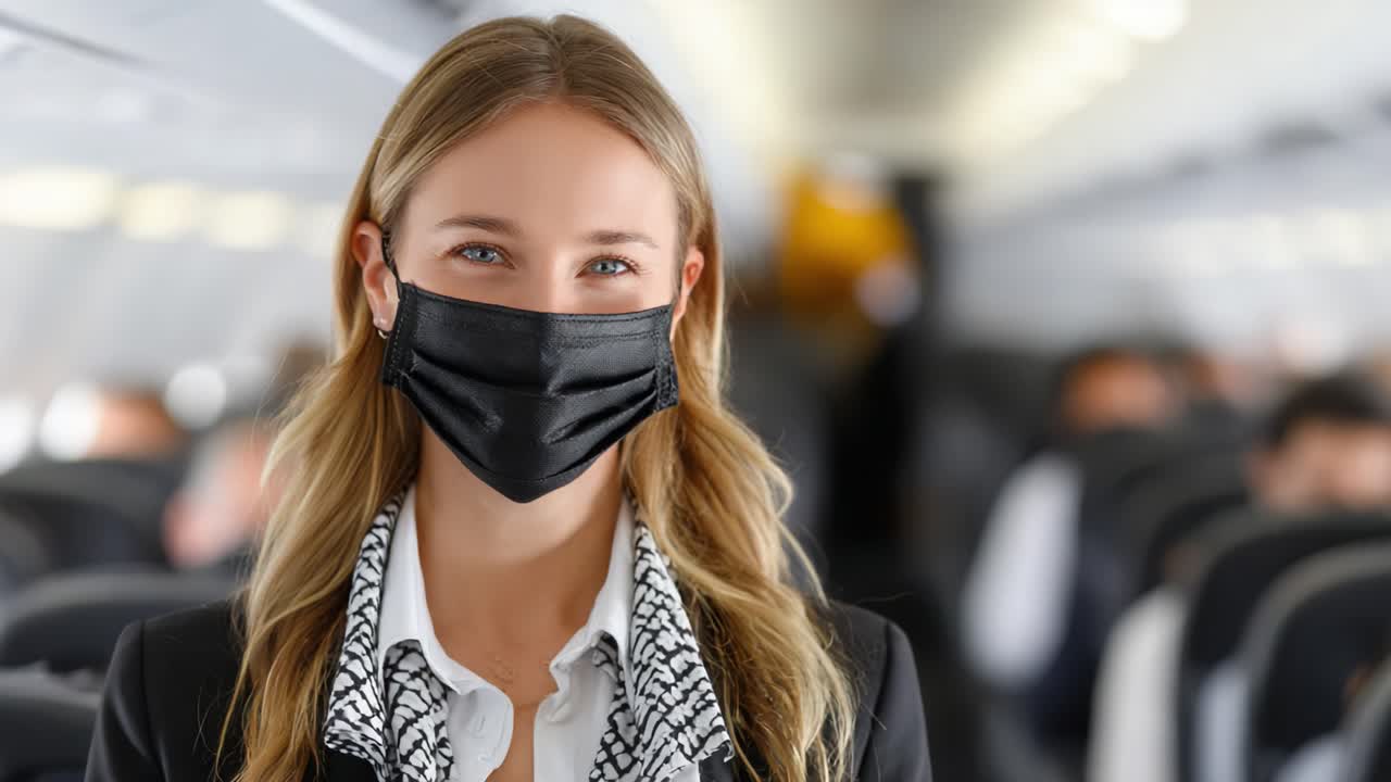 Un voyageur souriant portant un masque noir se tient avec assurance dans le couloir d’un avion, incarnant la résilience et la sécurité alors que les gens entreprennent leurs voyages dans un monde post-pandémique.