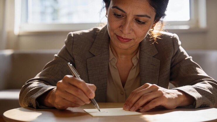 Donna con blazer marrone che scrive con una penna argentata su un foglio a un tavolo rotondo vicino a una finestra, generato dall'IA
