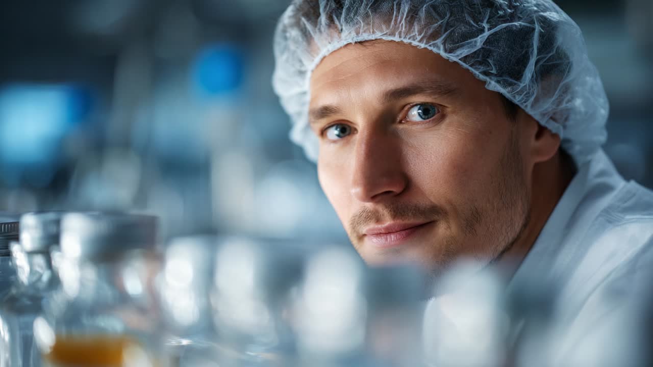 Focused Researcher in Laboratory Setting: A Close-Up of a Male Scientist in Protective Headgear Surrounded by Glass Containers, Capturing the Essence of Scientific Inquiry and Innovation