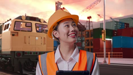 close up of asian female engineer with safety helmet looking at the tablet in her hand and looking around with freight cargo train at port