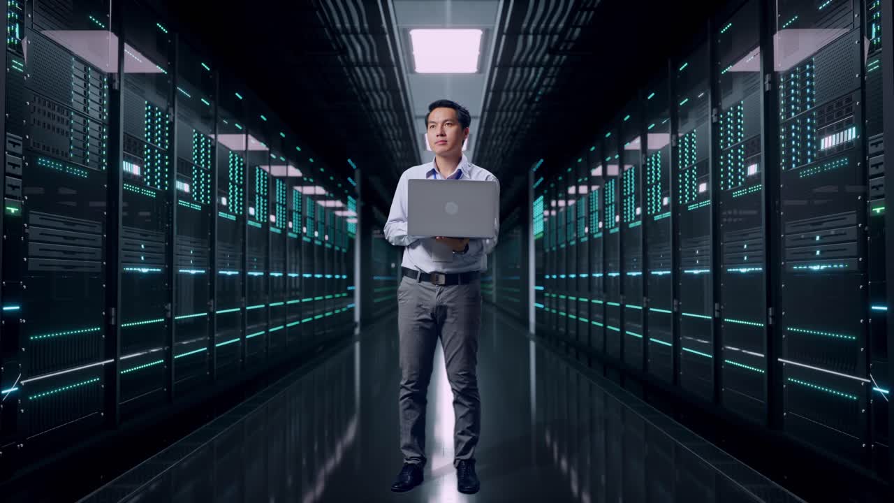 Full Body Of An Asian Male Professional Worker With His Laptop in Server Room Data Center, He Observes By Looking Around Before He Come To Concentrating With His Laptop
