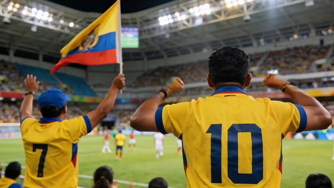 Tifoso esultante con la maglia gialla numero 10 che urla e alza i pugni allo stadio, reagendo al gioco, con una bandiera ecuadoriana.