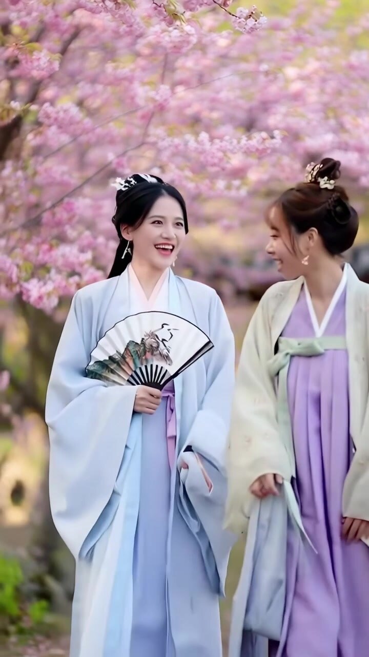 Due giovani donne in Hanfu che camminano e sorridono sotto i fiori di ciliegio