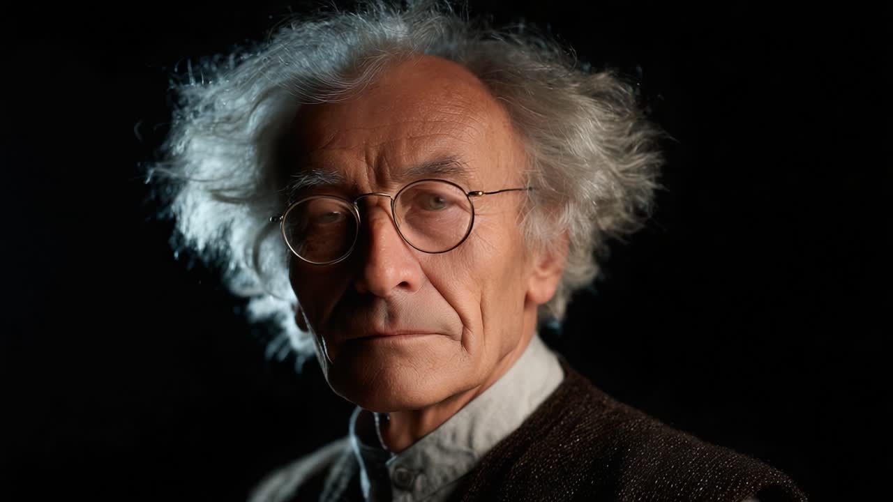 Un uomo anziano e contemplativo con capelli bianchi e selvaggi e occhiali è ritratto su uno sfondo scuro, che riflette saggezza ed esperienza nel suo sguardo pensieroso