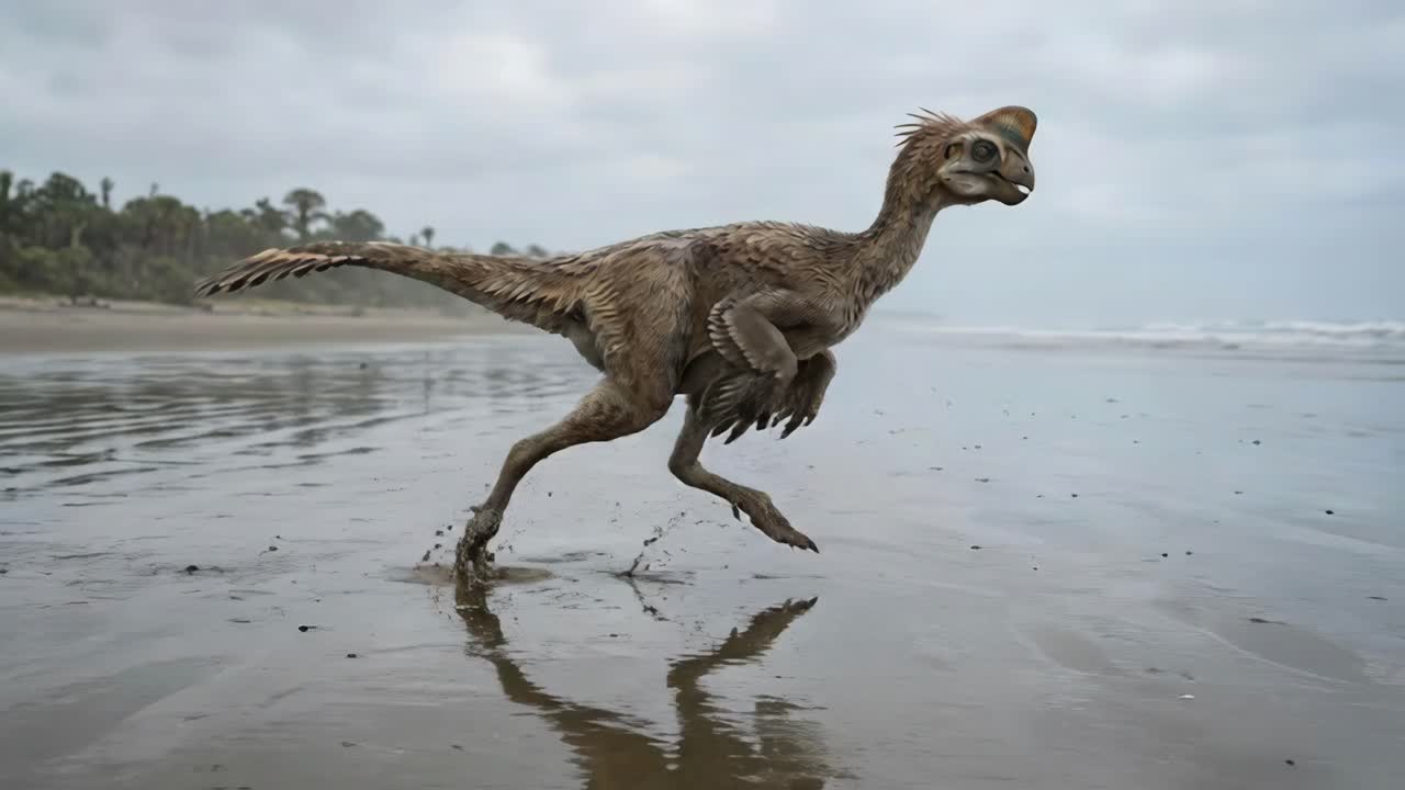 Dilophosaurus che corre sulla spiaggia