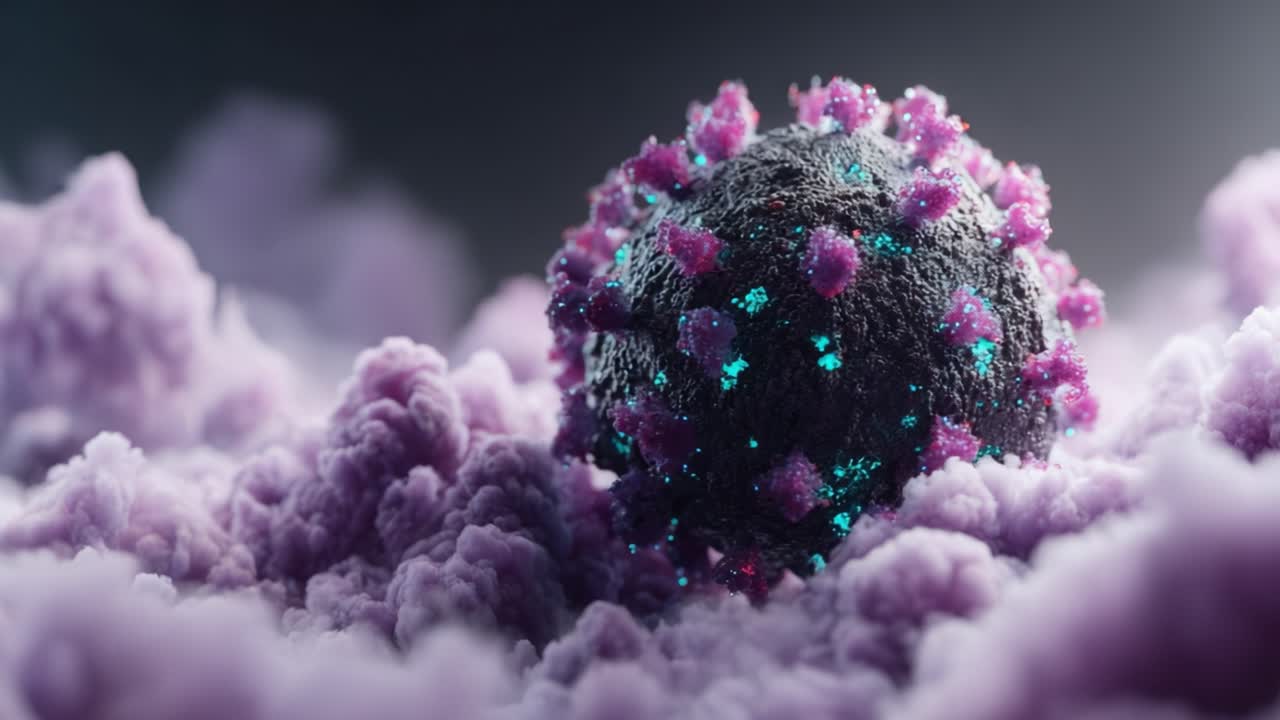 A Stunning Visualization of a Virus Surrounded by Vibrant Clouds, Capturing the Intricacies of Microbial Life in a Colorful and Detailed Digital Illustration