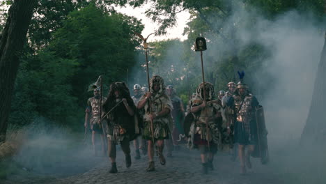 roman legion marching through a forest