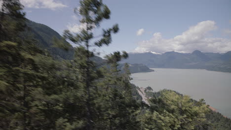 elevated view of spring howe sound from gondola, fast moving trees in foreground